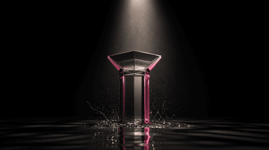 A sculptural glass pedestal emerging from black liquid, struck by a narrow studio spotlight as fine mist and tiny drople