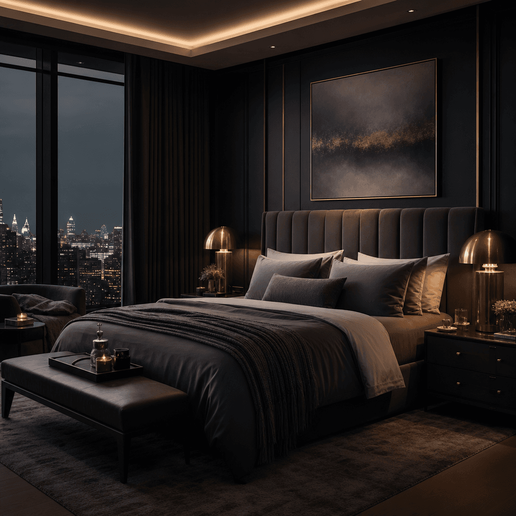 Luxury penthouse bedroom interior — dramatic low-key lighting, deep charcoal accent wall, warm brass bedside lamps, over
