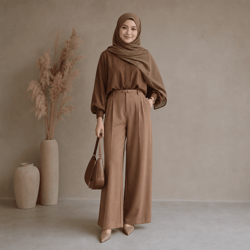 Full-body modest fashion portrait in warm brown tones, hijab and coordinated earth-tone outfit, standing pose with natur