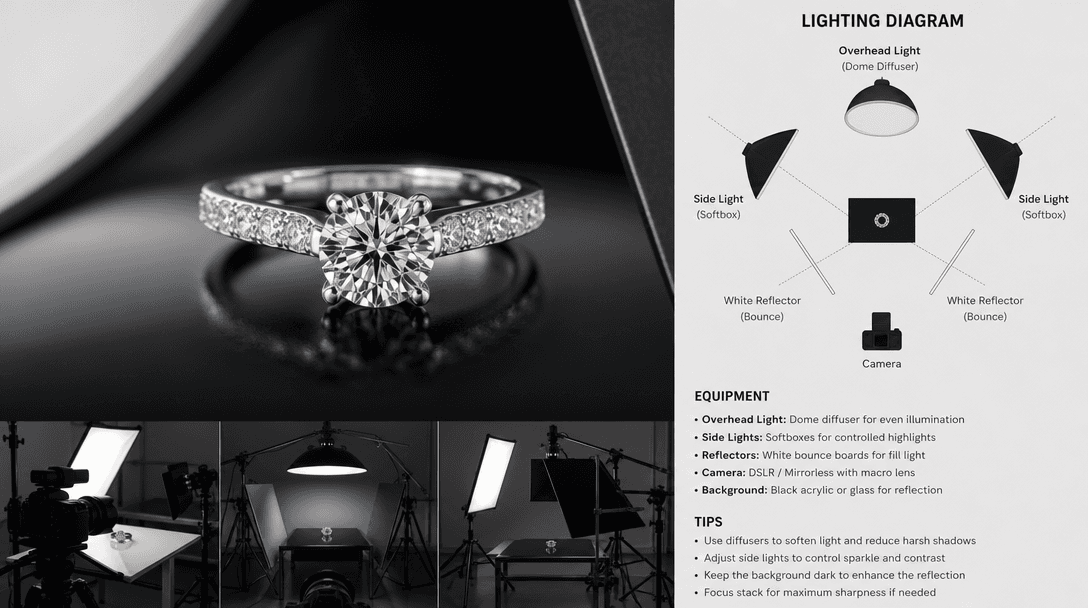 Professional studio product photography setup, light reflectors and diffusion, jewelry gleaming under studio lights, pro