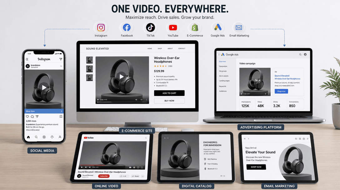 Product rotation video exporting and appearing on multiple platforms—mobile phone showing social media, desktop showing 