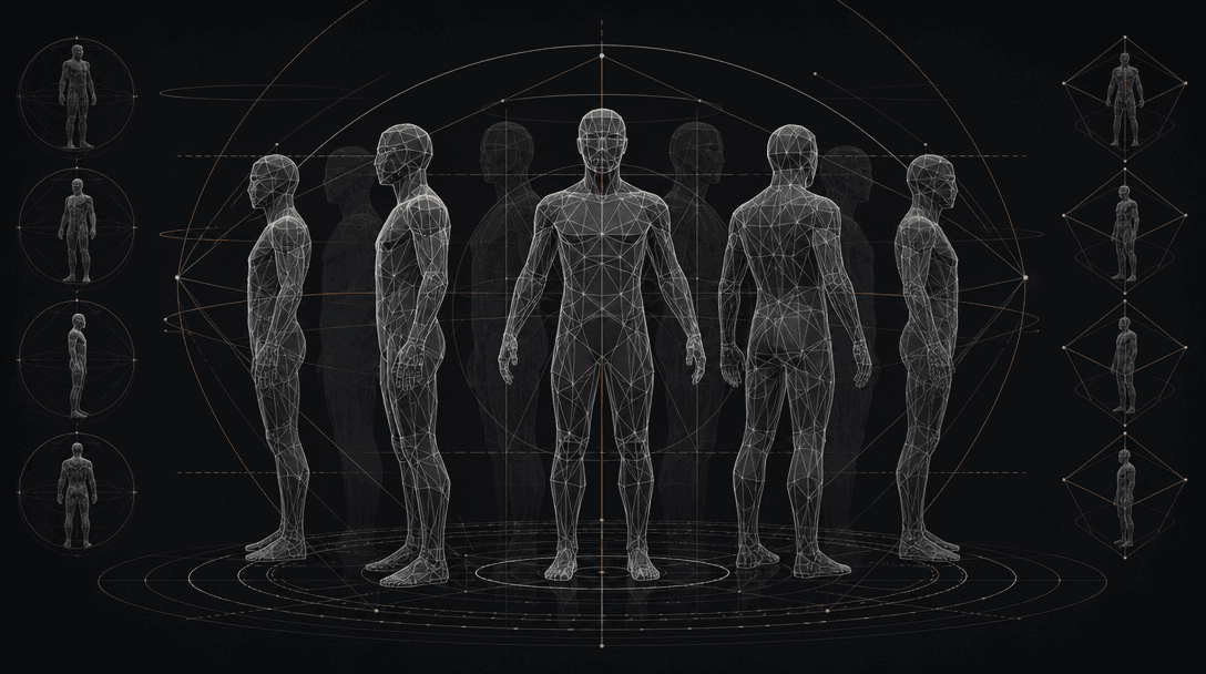 Abstract visualization of multi-angle character geometry. Geometric wireframe suggestions with silhouettes rotating, mul