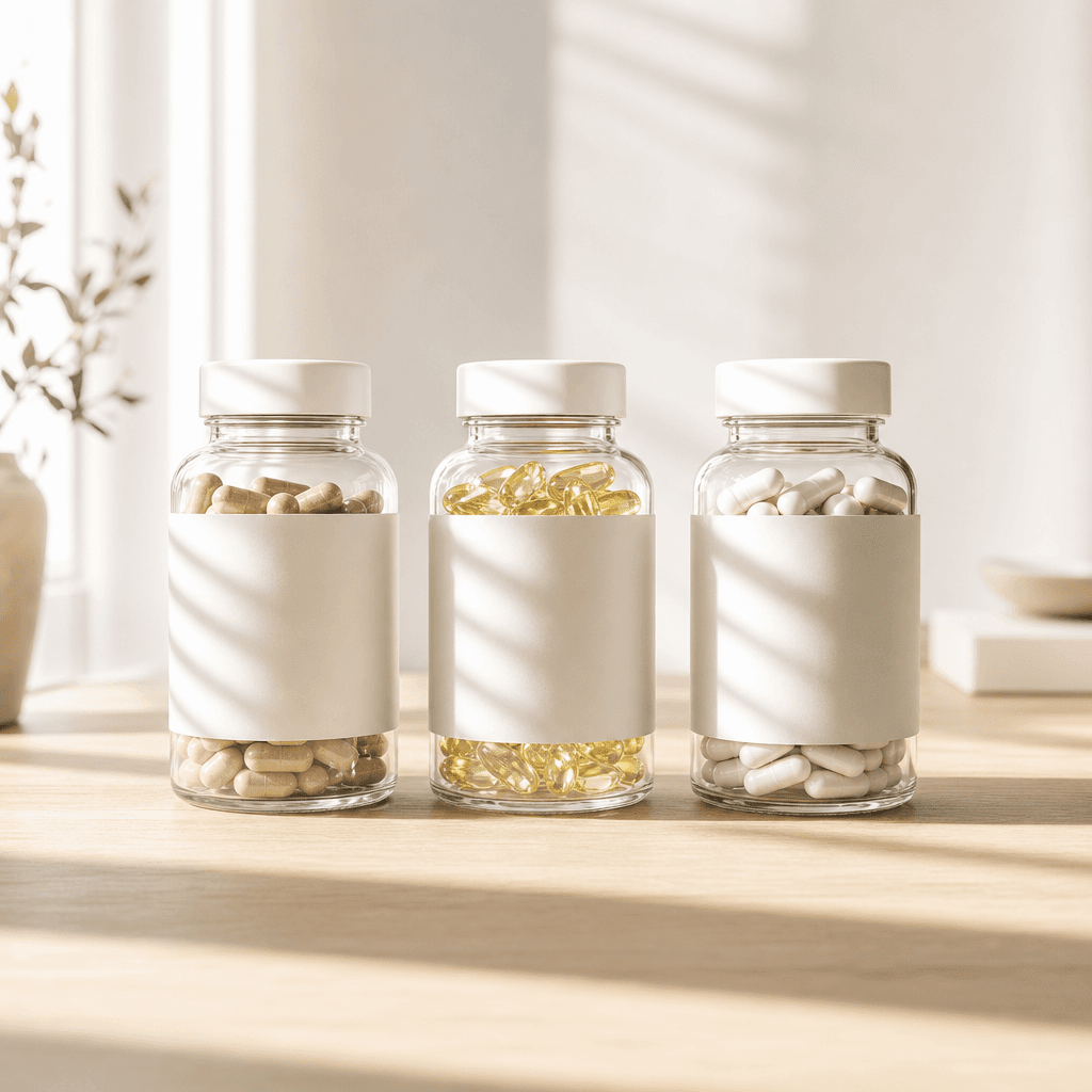 Three clean-label vitamin bottles lined up on a light oak wood surface, morning sunlight casting long parallel shadows a