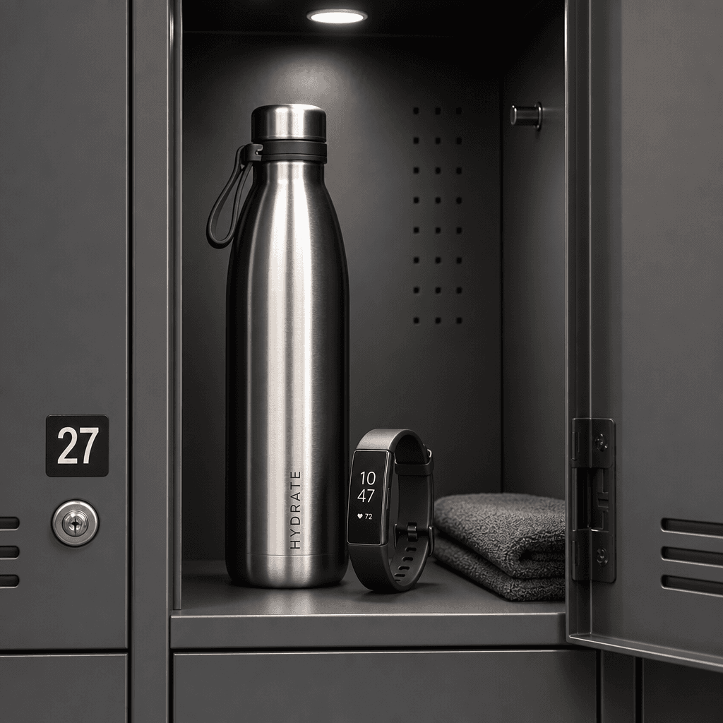 Stainless steel water bottle and fitness tracker arranged in locker compartment with minimalist design, bright overhead 