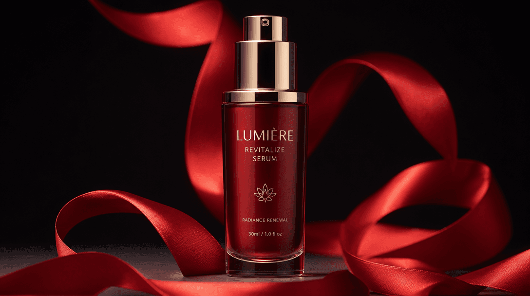 Beauty product centered and beautifully framed with red ribbon accent wrapping around it. Ribbon enhances but doesn't ov