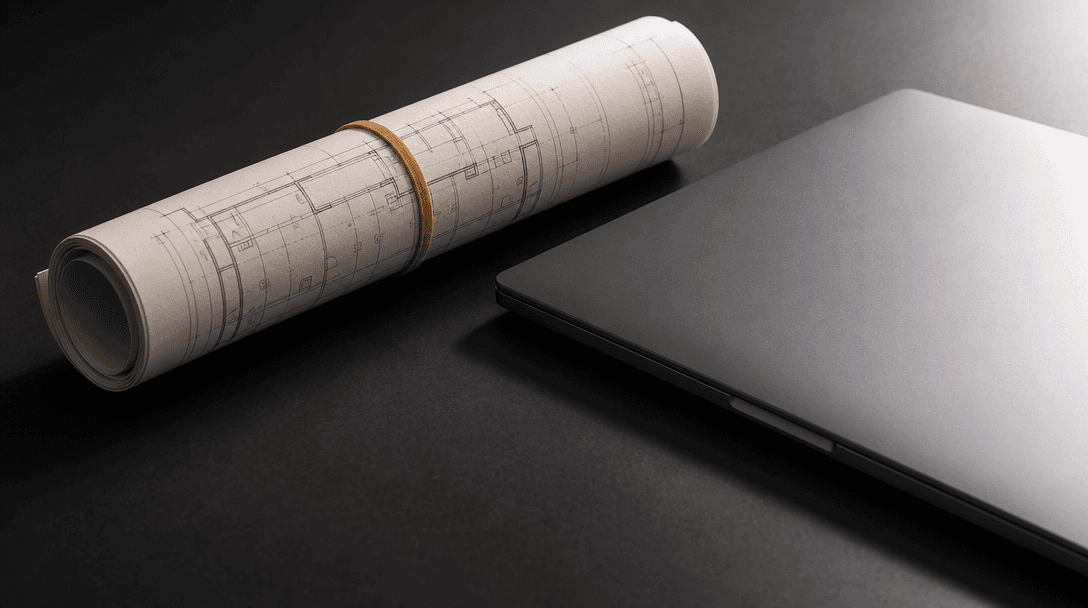 Elegant architectural still life on a dark matte desk: a rolled set of technical drawings secured with a rubber band bes
