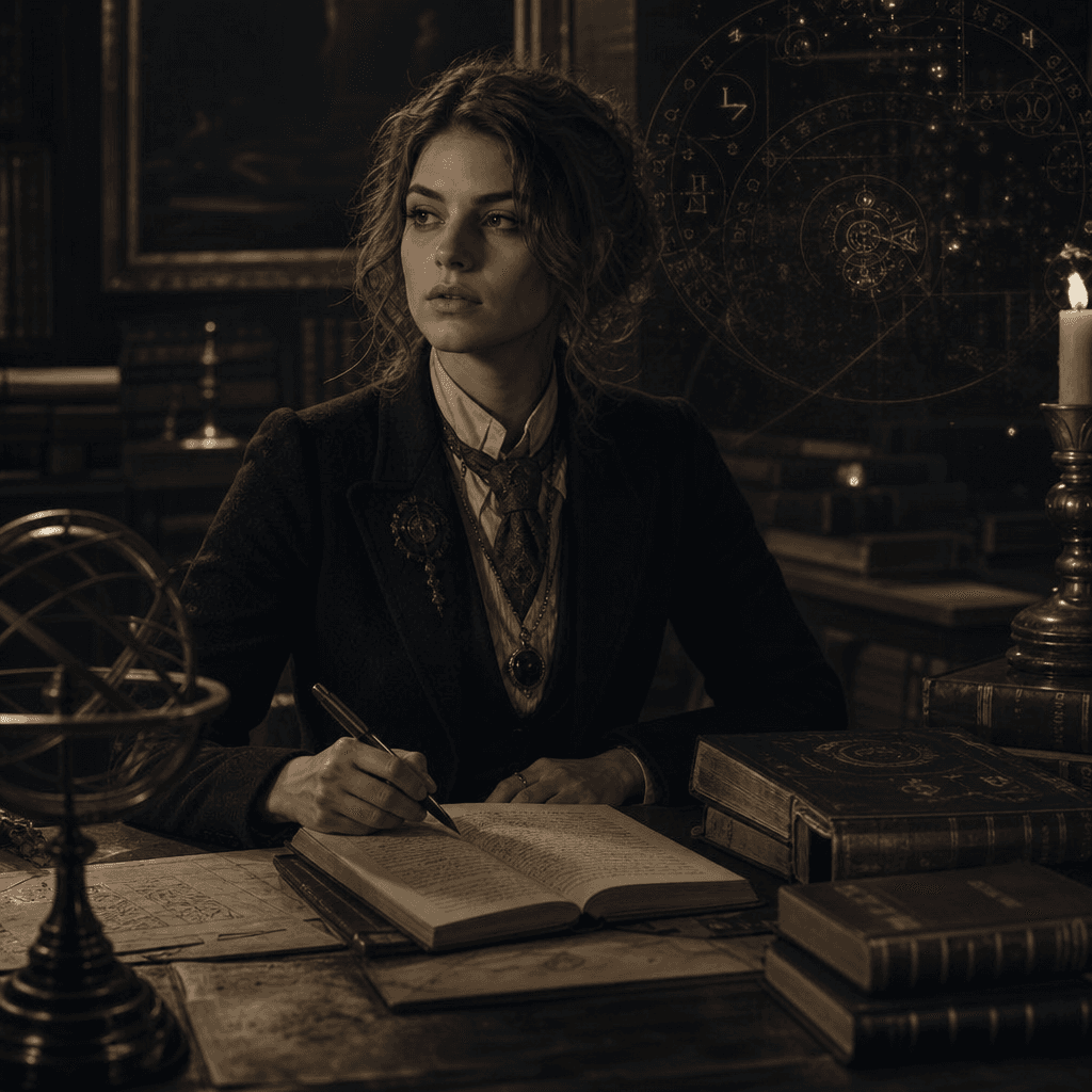 Dark academia portrait aesthetic, magical elements subtly integrated, professional character styling, fantasy atmospheri