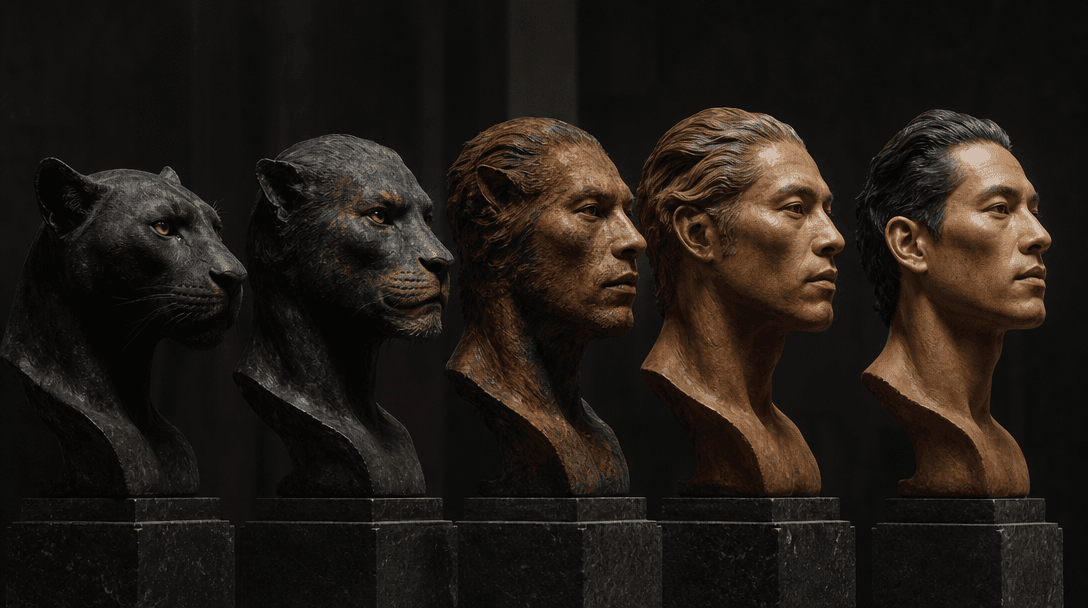 A museum-like lineup of sculptural human and animal facial forms gradually merging from one silhouette to another, black