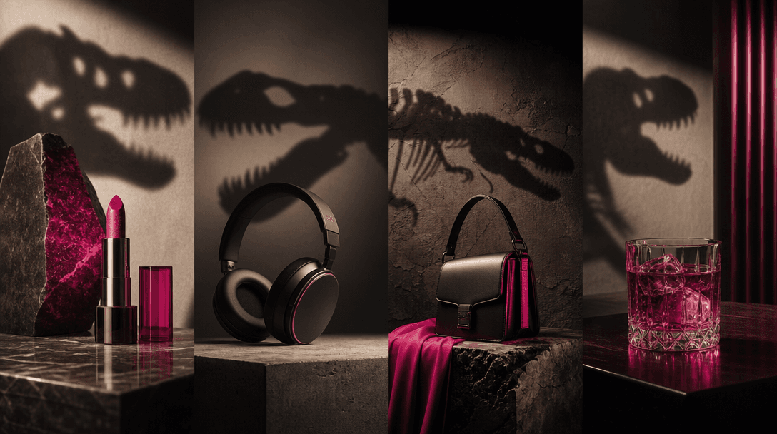 Four distinct unbranded products arranged across connected dark cinematic environments, including beauty, electronics, f