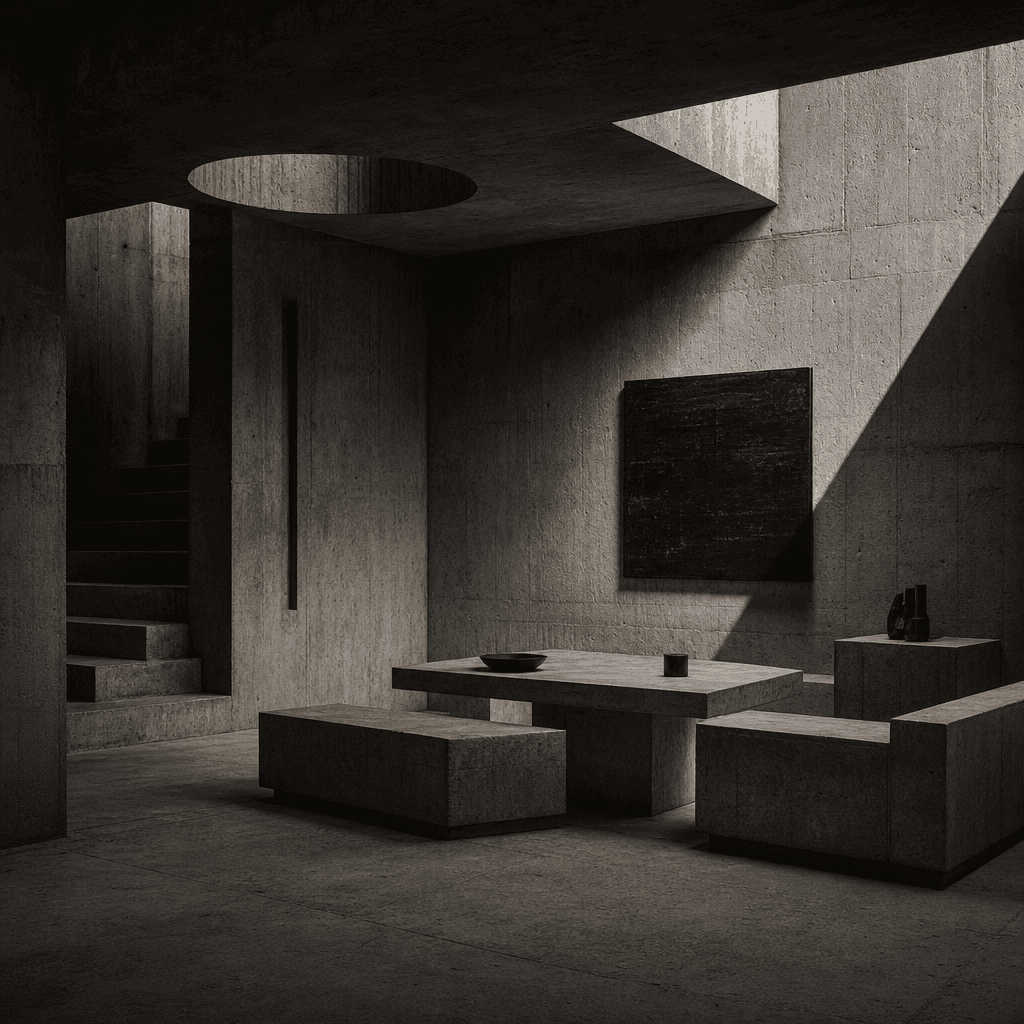 Brutalist concrete interior diorama, dramatic directional side lighting, raw concrete texture detail, geometric brutalis