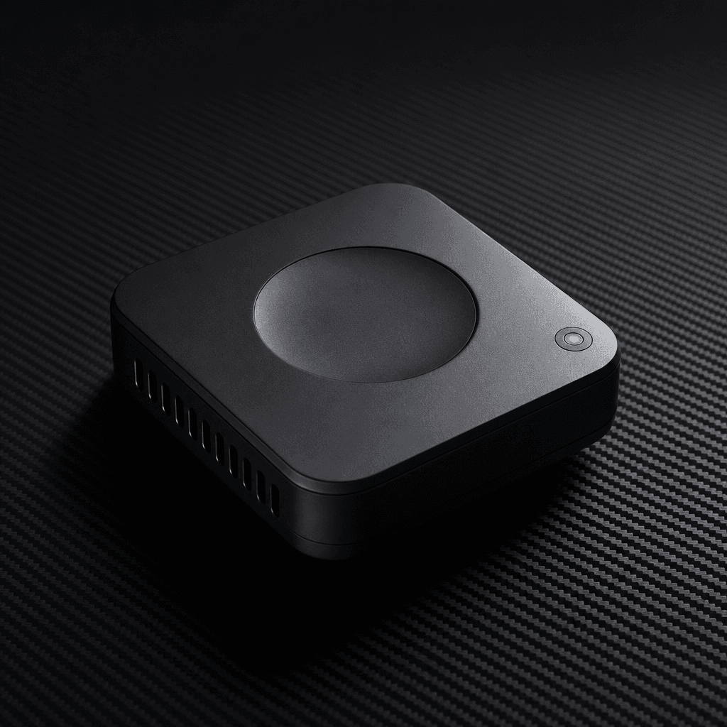 Minimalist product hero shot, sleek matte black tech device on dark textured carbon surface, dramatic raking side studio