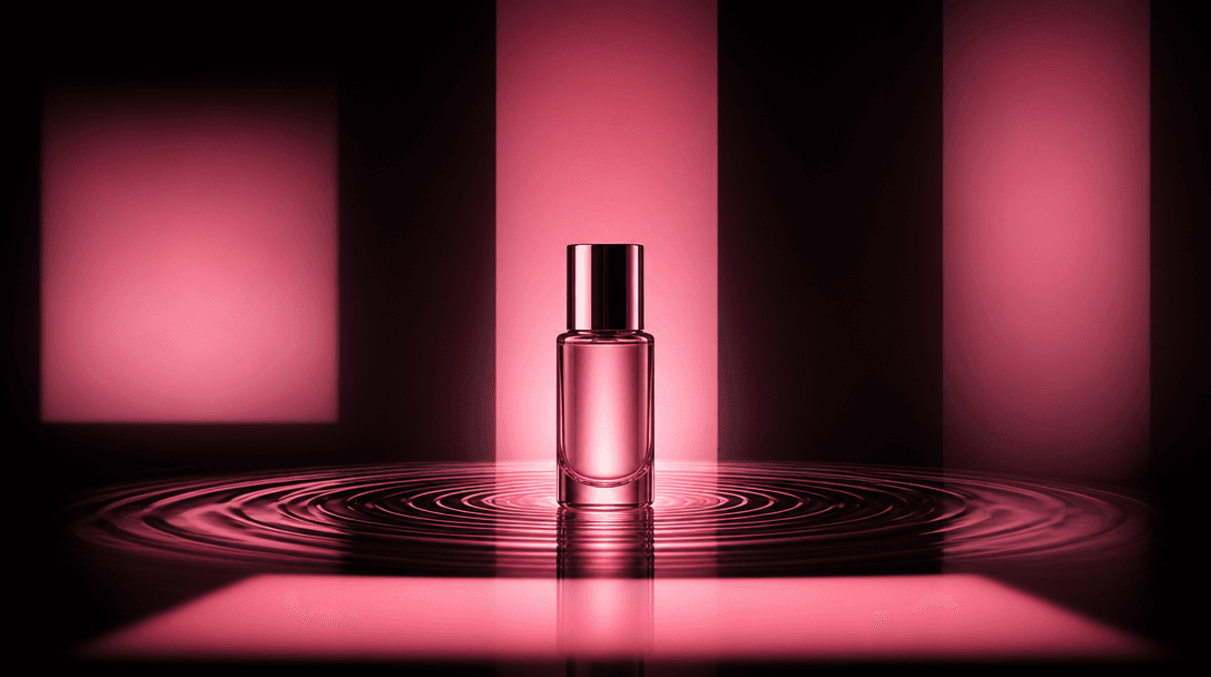 A single beauty bottle at the center of expanding concentric rosé ripples, surrounded by subtle square, vertical, and wi