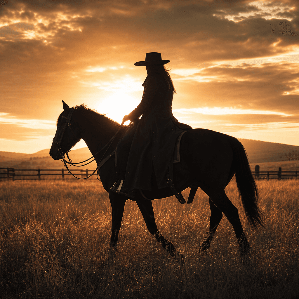 Anonymous adult rider crossing an open ranch field at golden hour, dark horse in calm profile, long tailored coat moving