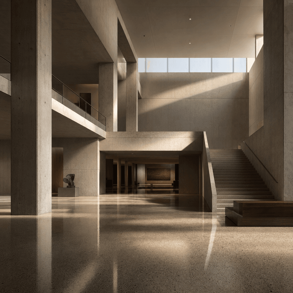 Interior architectural render of a double-height cultural institution lobby. Raw concrete columns, polished terrazzo flo