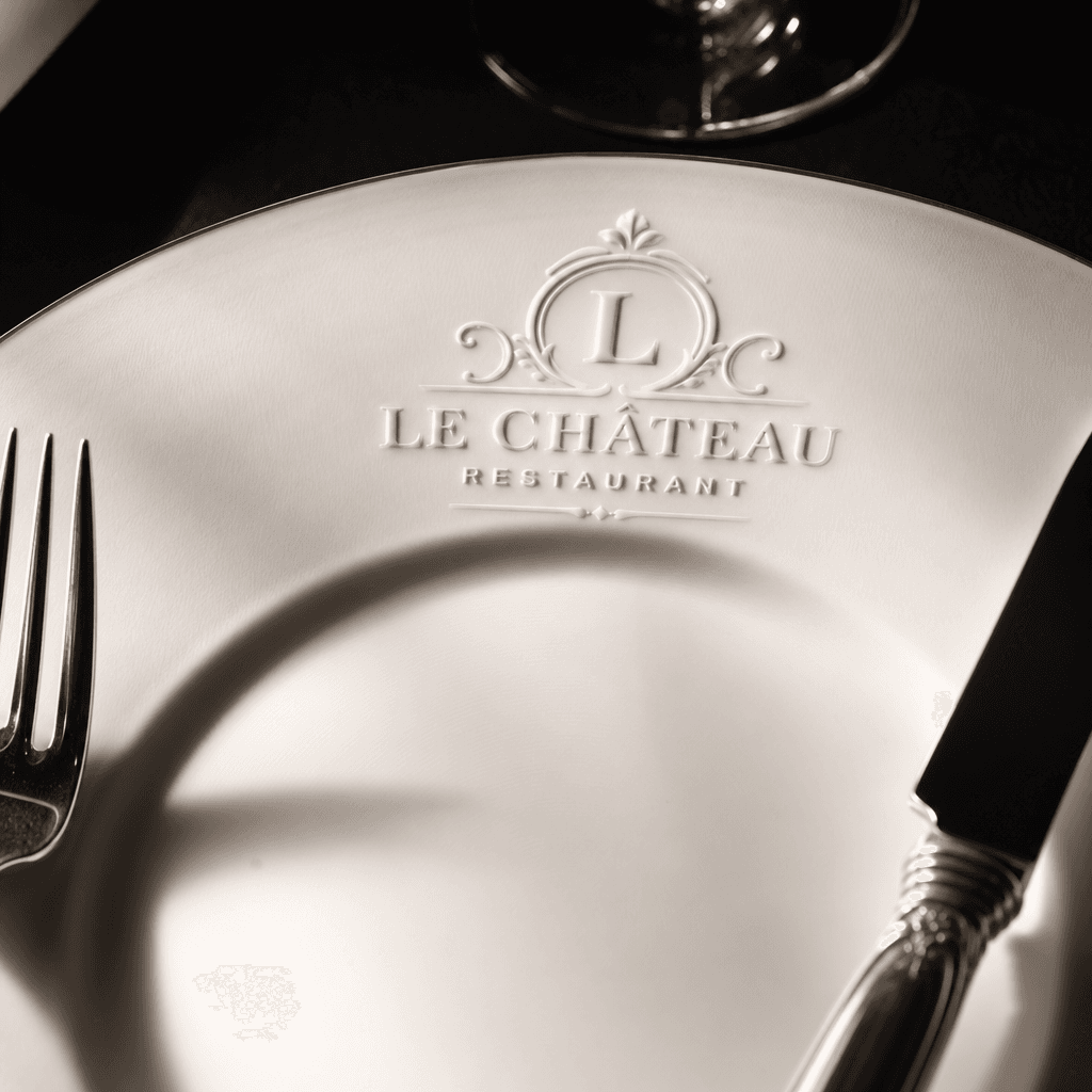 Close-up elegant plate with embossed restaurant logo and fine flatware, professional focus, dramatic side lighting empha