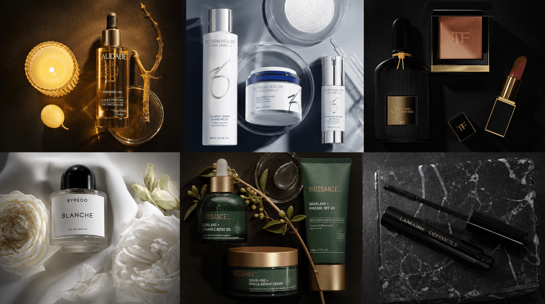 Overhead editorial flatlay: multiple beauty product compositions arranged in a precise grid on a matte black surface, ea