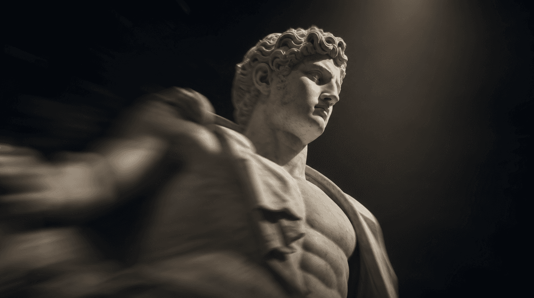 Stone statue with cinematic motion blur and camera movement, dark background with museum spotlight, dynamic reveal anima