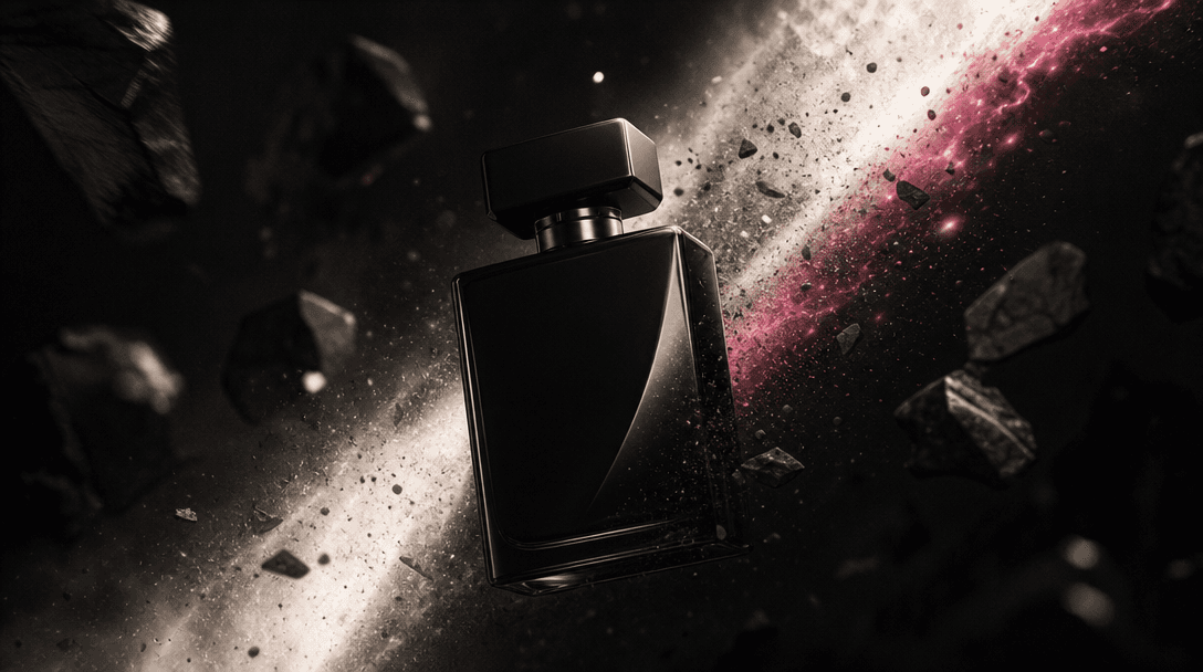 A single luxury product silhouette cutting through layered darkness with a sudden diagonal trail of light and atmospheri