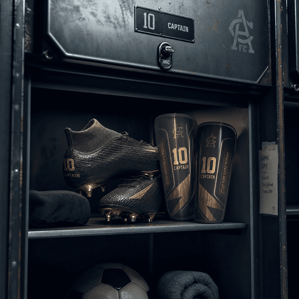 Soccer cleats and shin guards stacked in professional sports facility locker with dynamic studio lighting, weathered met