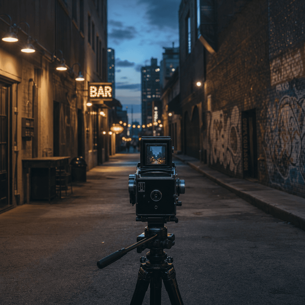 Street-level cinematic perspective shot looking down an urban alley at blue hour, film camera on tripod in foreground fa