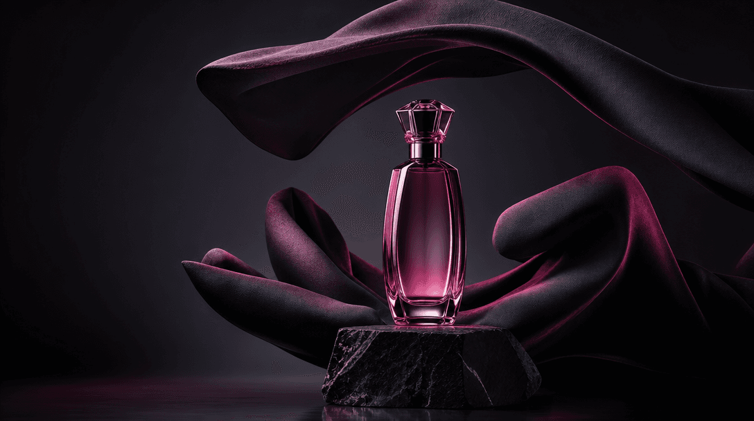 A single premium glass bottle standing on a black stone pedestal as folded fabric forms a hand-like sculptural frame aro