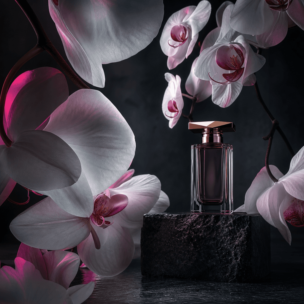 A premium perfume bottle on a dark stone pedestal as enormous white orchids invade the studio, arching around the produc