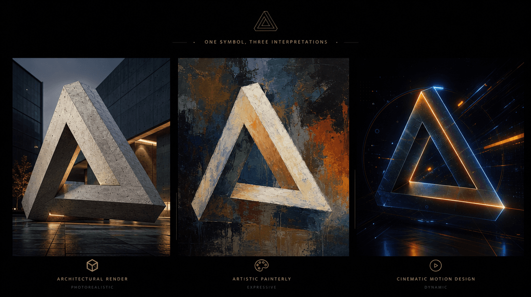 Abstract scene showing three distinct visual interpretations of the same geometric symbol side-by-side. Left: photoreali