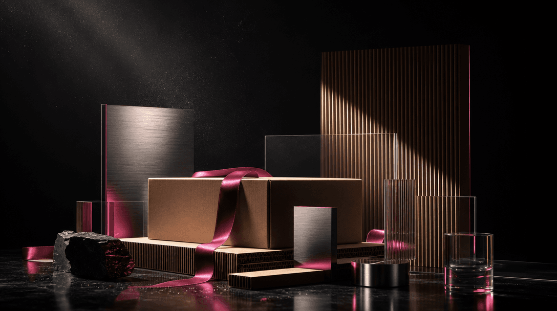 A carefully arranged collection of premium advertising materials including corrugated cardboard, satin ribbon, brushed s
