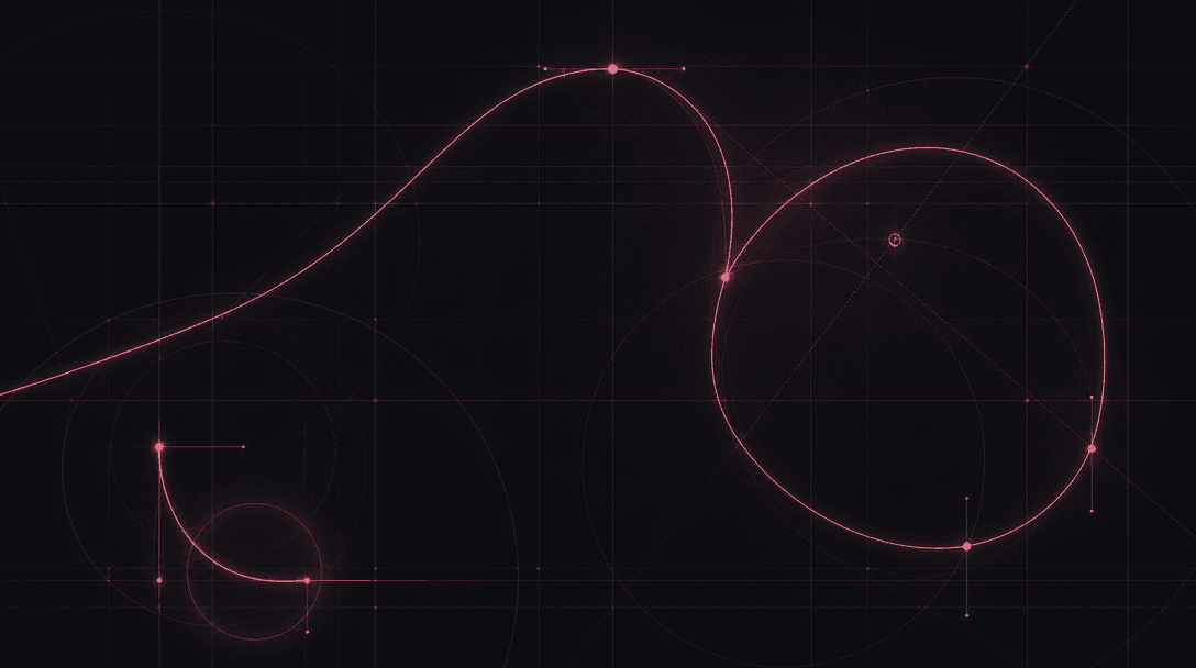 Abstract dark surface with faint architectural grid lines and smooth bezier motion-path curves glowing softly in hot pin