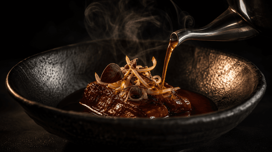 An abstract premium food landscape of glossy sauce, textured ceramic, polished steel, delicate steam, and directional go