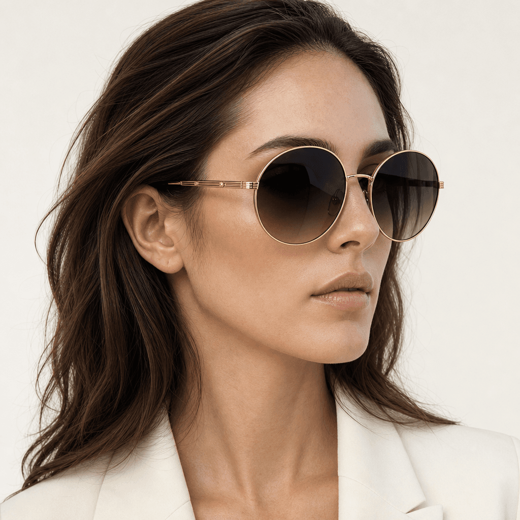 Three-quarter profile portrait of a woman wearing oversized round gold metal frame sunglasses with dark gradient lenses,