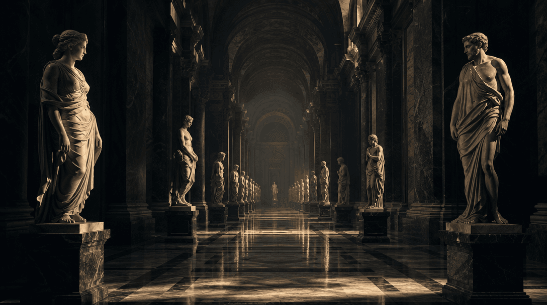 Rows of marble statues extending through a monumental gallery with strong foreground, middle-ground, and background sepa