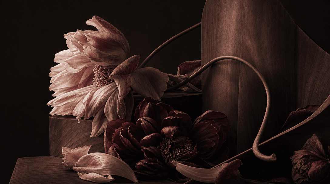 An abstract editorial study of layered flower petals, curved stems, and warm wood planes forming a balanced still-life c