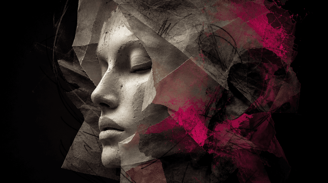 A single abstract face sculpture passing through layers of translucent paper, charcoal lines, and colored pigment while 