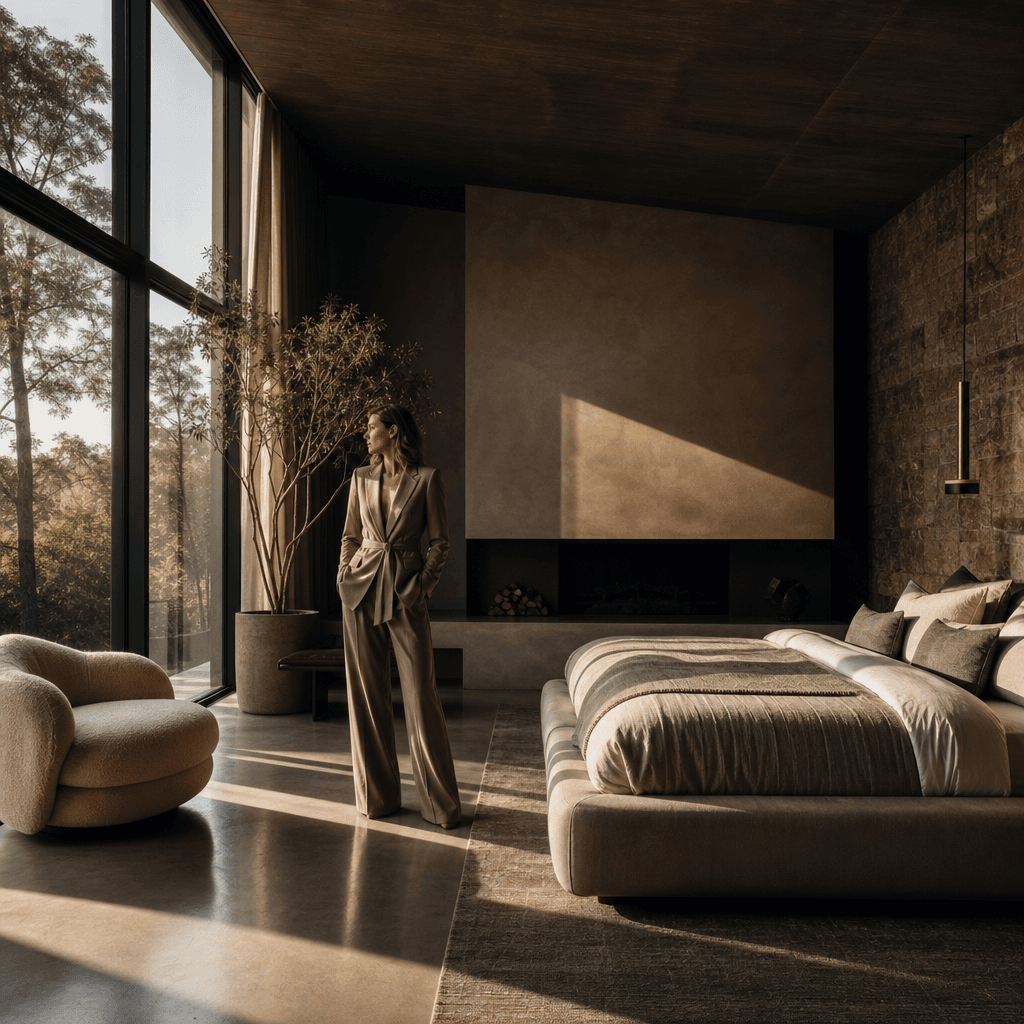 Master bedroom suite with dramatic raking natural light from floor-to-ceiling windows, a model in refined attire standin