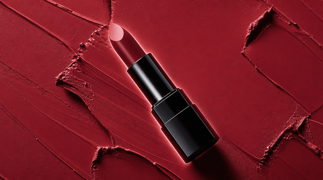 Overhead beauty hero shot: a lipstick tube placed diagonally on a bold color-blocked smear background, the smear shade p