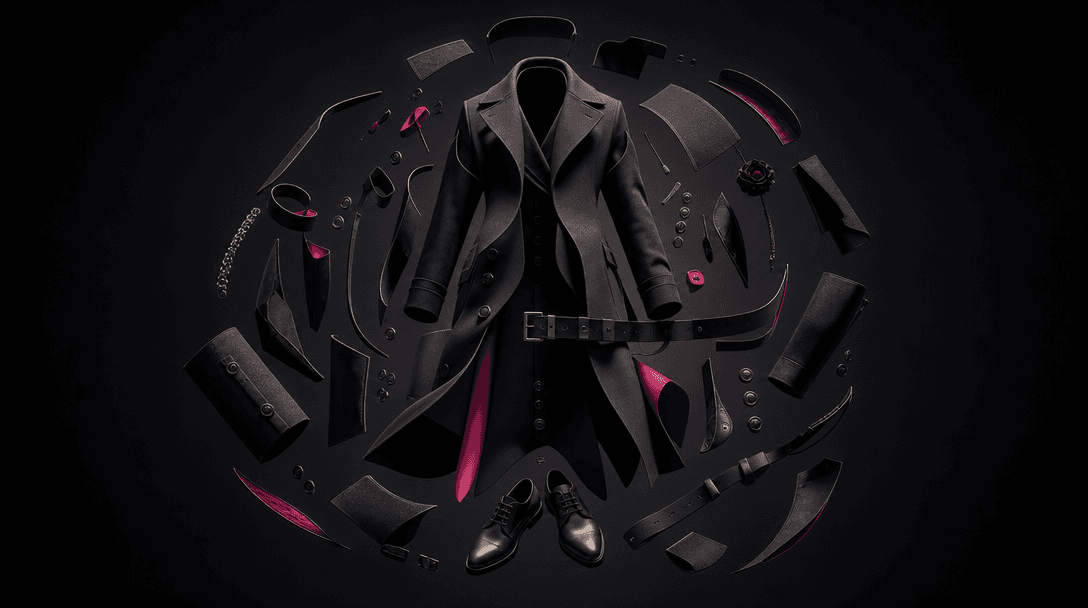 An abstract deconstruction of a tailored fashion look suspended in a dark studio: coat panels, buttons, belt, shoes, and