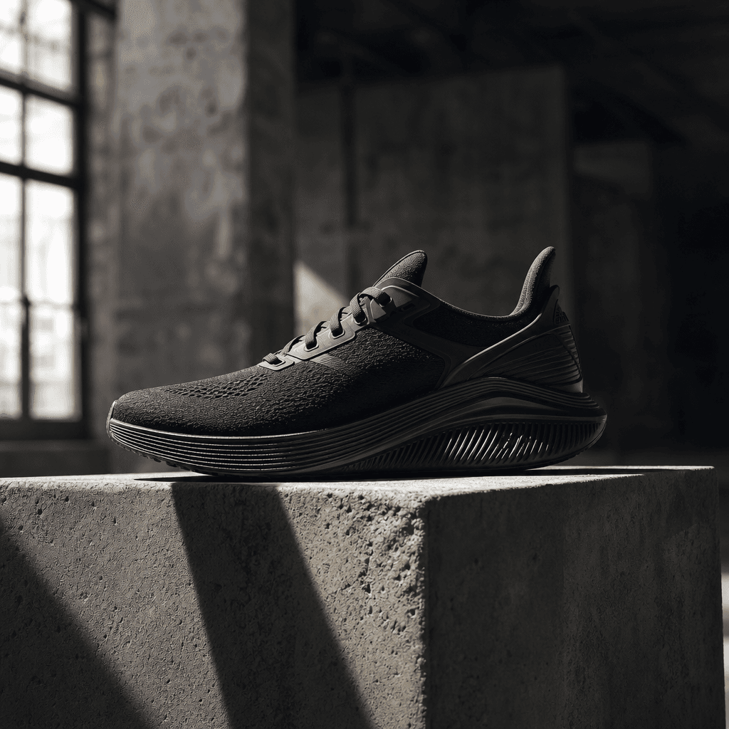 A sleek athletic running shoe elevated on a low raw concrete plinth, dramatic directional side lighting casting a hard s