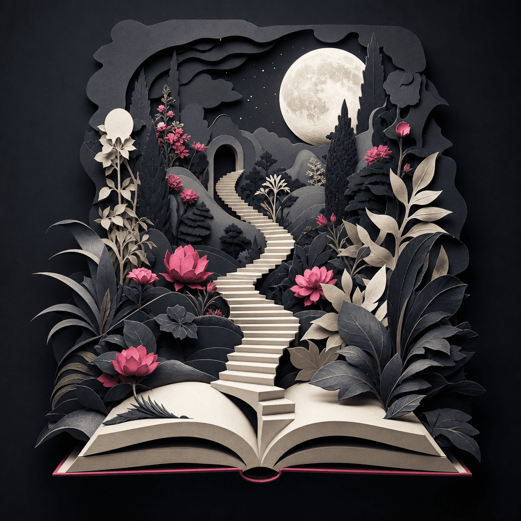 A surreal paper-cut illustration of a winding staircase emerging from an open book and ascending into a moonlit botanica