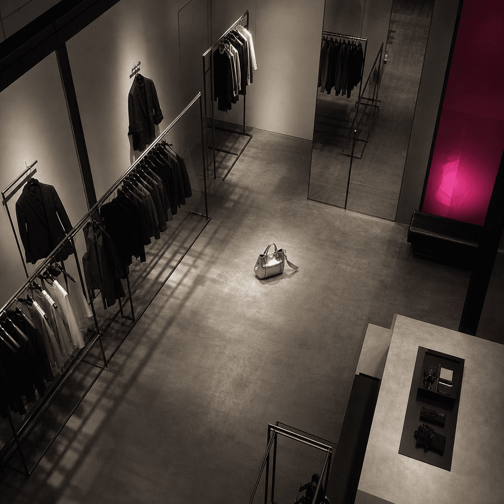 High corner security-camera angle inside a minimalist fashion boutique after hours, clothing rails forming precise shado