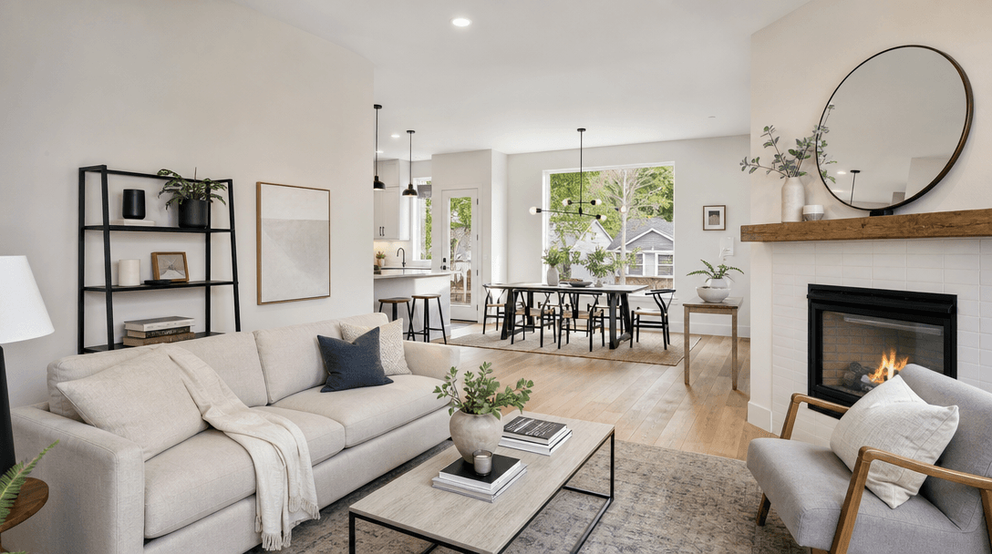 Modern home interior with property listing aesthetics, clean bright natural light through windows, neutral color palette