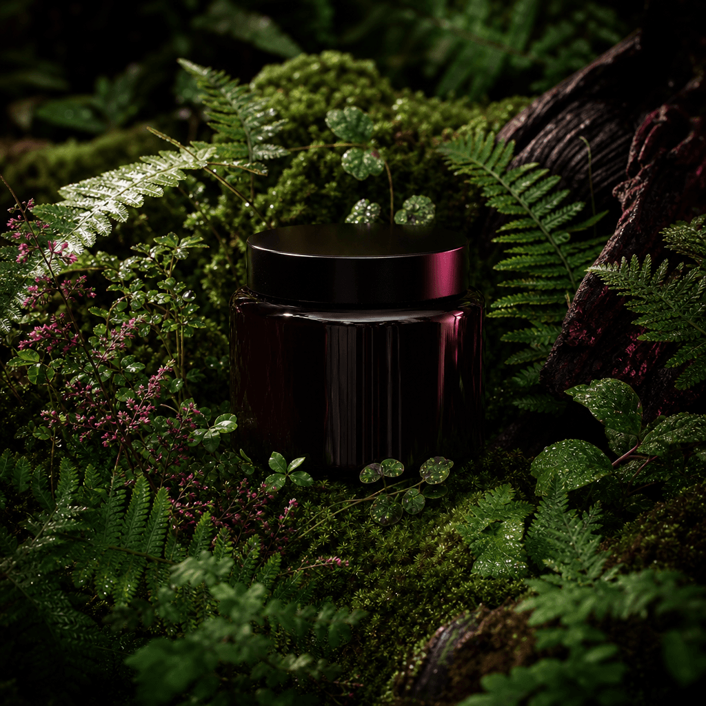 A premium herbal supplement jar nestled into a dense bed of ferns, moss, and tiny dew-covered botanicals in a shadowy wo
