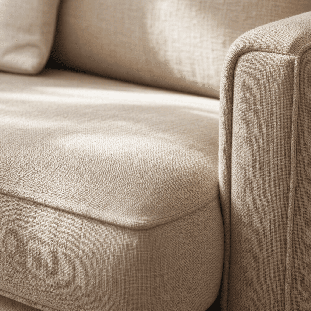 Close-up detail of luxury linen sofa upholstery with natural light creating soft shadows on the weave, warm beige tone, 