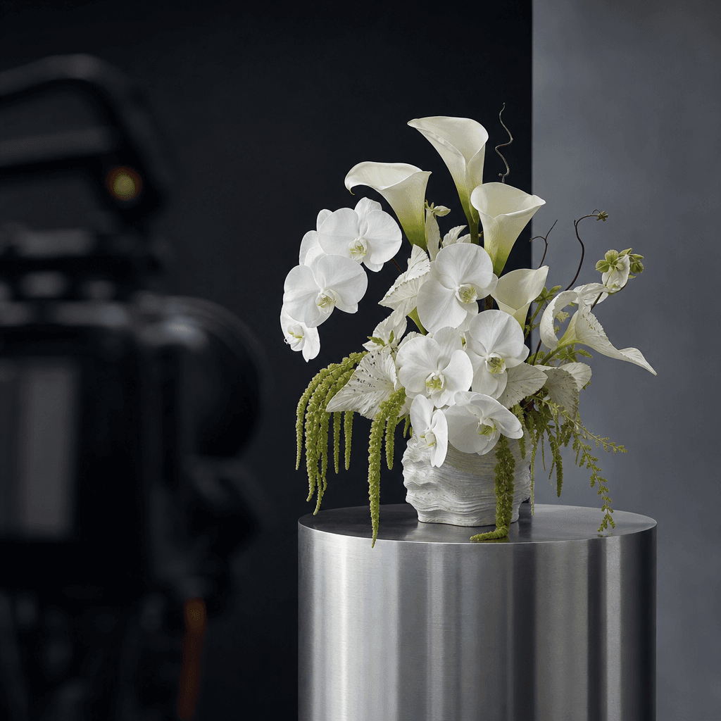 A sculptural white orchid and calla lily bouquet on a brushed steel pedestal during a professional campaign shoot, with 