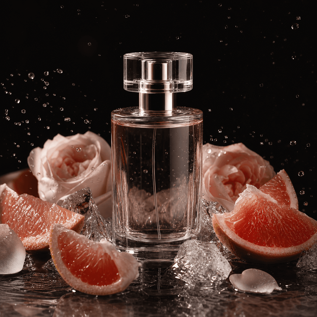 Minimal perfume bottle surrounded by grapefruit wedges, pale roses, translucent ice, and a fine mist of droplets, sophis