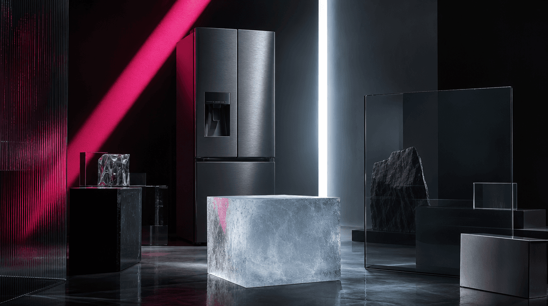 A series of refrigerator materials arranged as an abstract editorial set: smoked glass, brushed steel, translucent ice, 