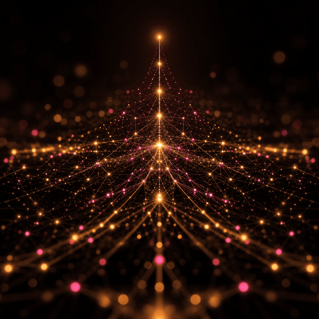 Abstract network of glowing light nodes forming a converging hierarchy structure, deep near-black background, warm gold 