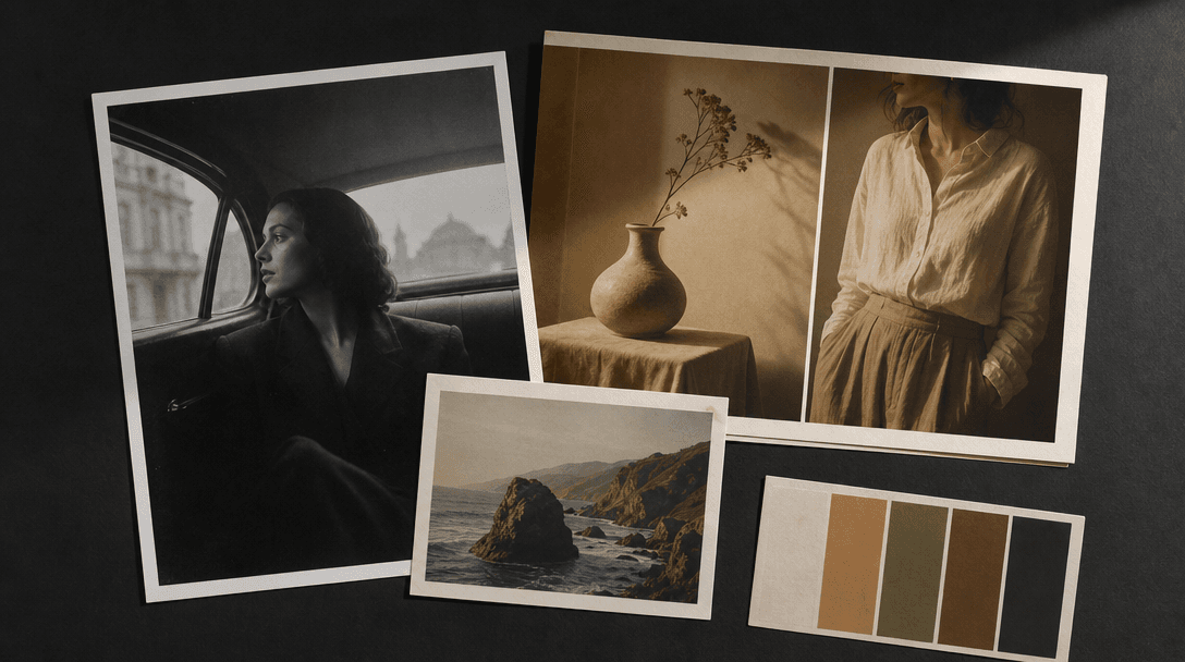A flat lay of several photographic reference prints arranged on a dark matte surface — a black-and-white film still, a w