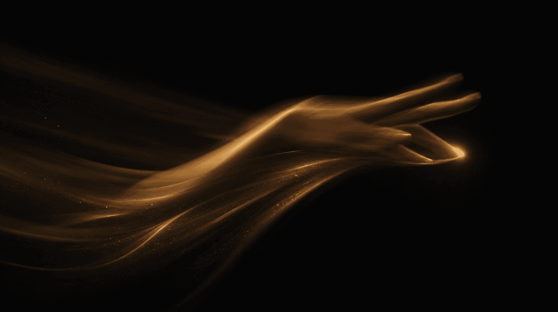 Abstract motion blur of an elegant hand sweeping slowly across frame, trailing soft gold light streaks on a near-black b