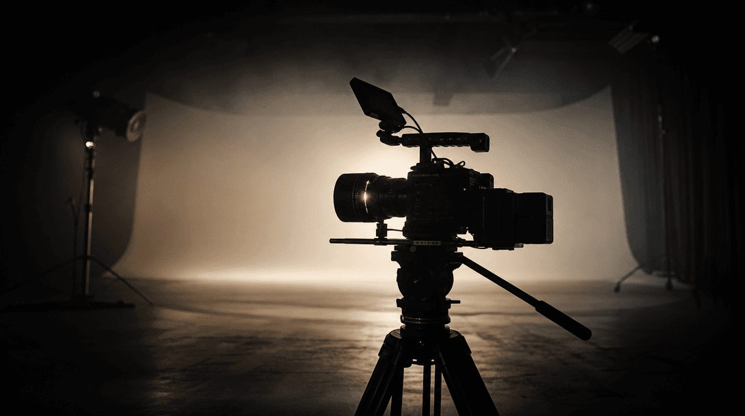 Professional cinema camera on a tripod silhouetted against a softly illuminated white cyclorama in a dark studio, narrow